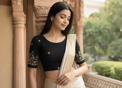 Rajnandini Women's Lycra Embroidered Readymade Blouse(BL1117BLACK0626)