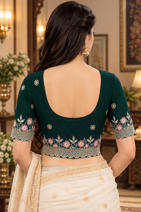 Green Lycra Readymade Embroidered Blouse For Women