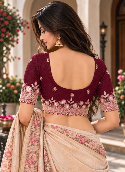 Maroon Lycra Readymade Embroidered Blouse For Women
