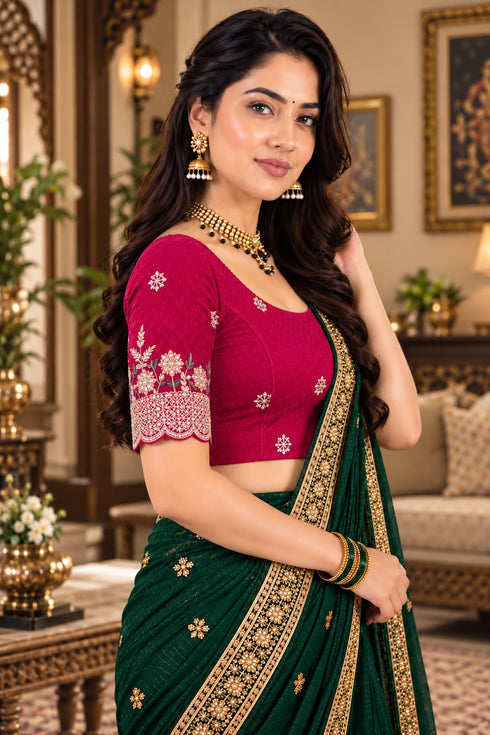 Pink Lycra Readymade Embroidered Blouse For Women