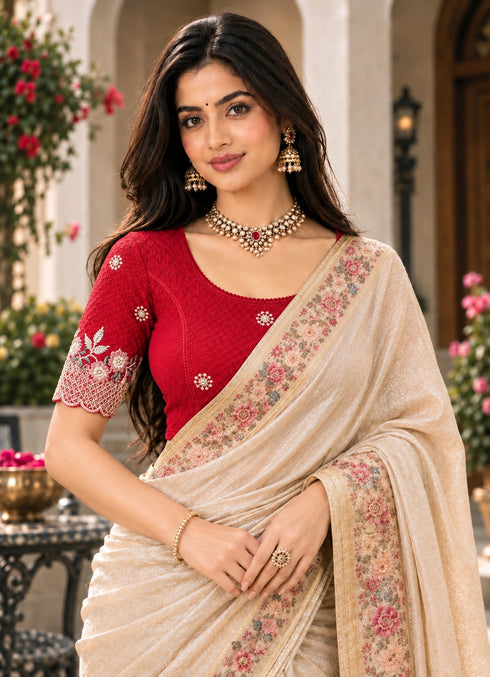 Red Lycra Readymade Embroidered Blouse For Women
