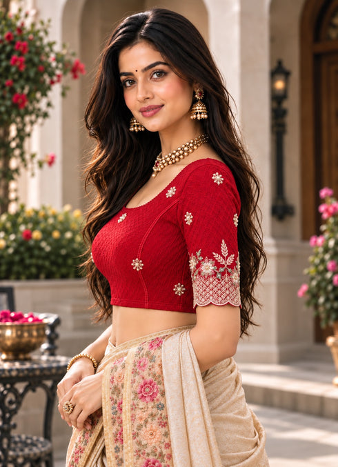 Red Lycra Readymade Embroidered Blouse For Women