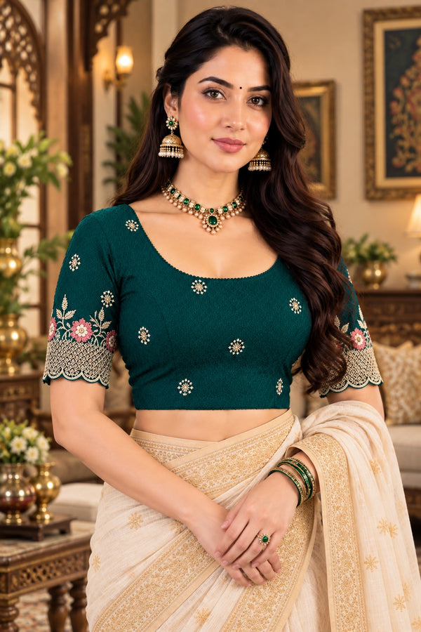 Teal Lycra Readymade Embroidered Blouse For Women