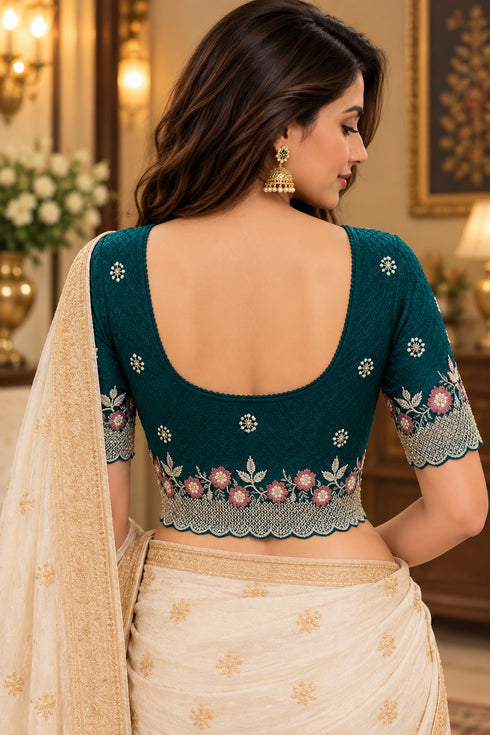 Teal Lycra Readymade Embroidered Blouse For Women