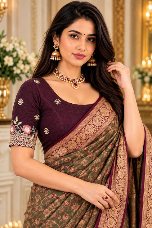 Wine Lycra Readymade Embroidered Blouse For Women