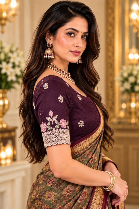 Wine Lycra Readymade Embroidered Blouse For Women