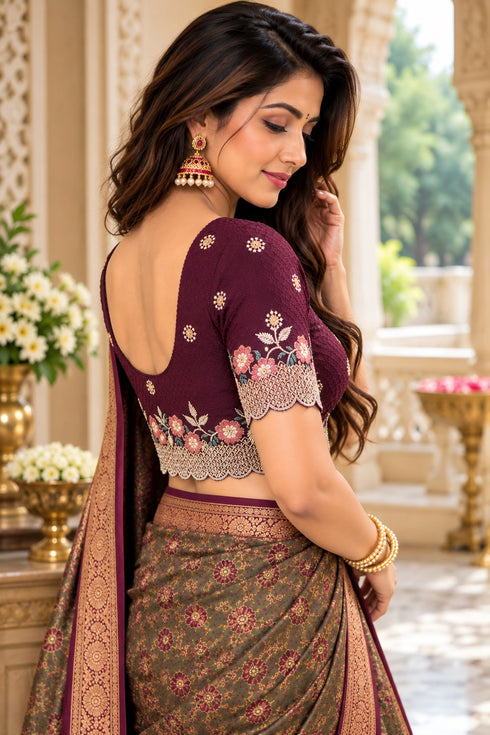 Wine Lycra Readymade Embroidered Blouse For Women