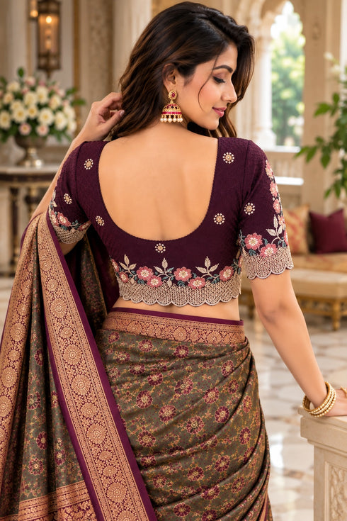 Wine Lycra Readymade Embroidered Blouse For Women