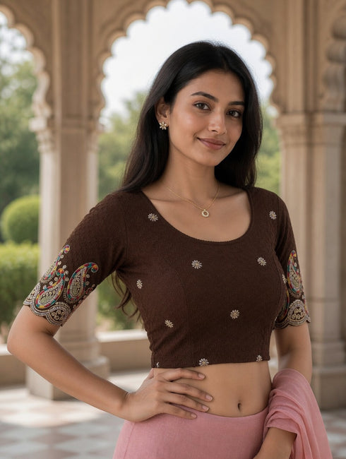Rajnandini Women's Lycra Embroidered Readymade Blouse(BL6207BROWN0426)