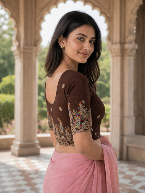 Rajnandini Women's Lycra Embroidered Readymade Blouse(BL6207BROWN0426)