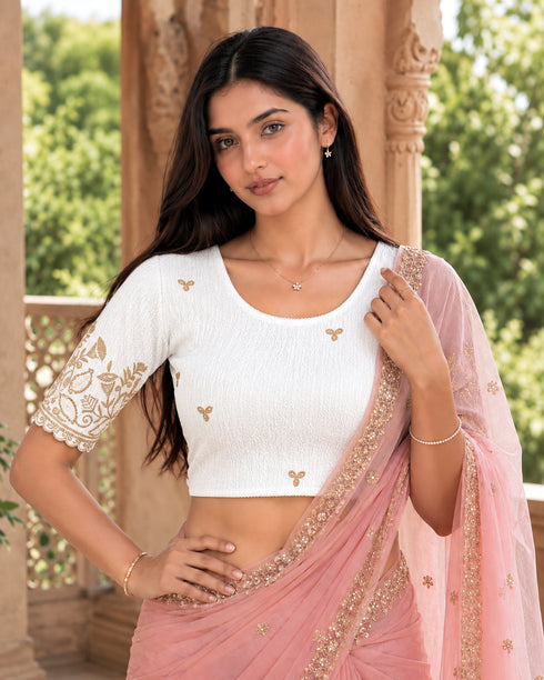 White Lycra Readymade Embroidered Blouse For Women