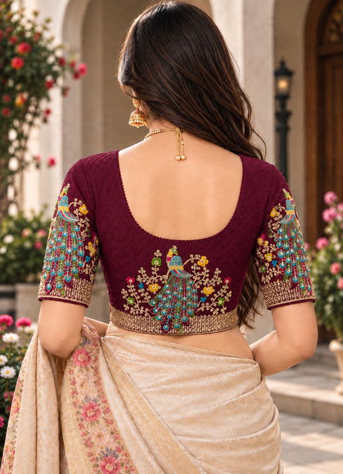 Maroon Lycra Readymade Embroidered Blouse For Women