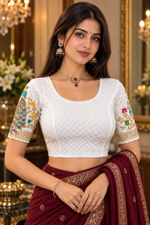 White Lycra Readymade Embroidered Blouse For Women
