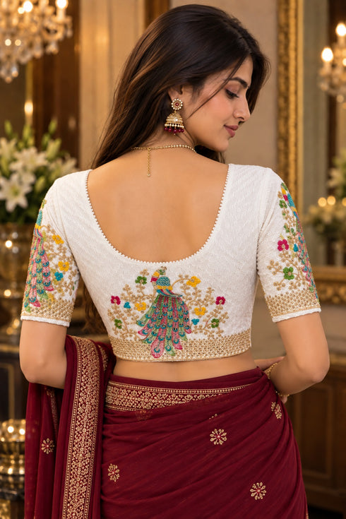 White Lycra Readymade Embroidered Blouse For Women