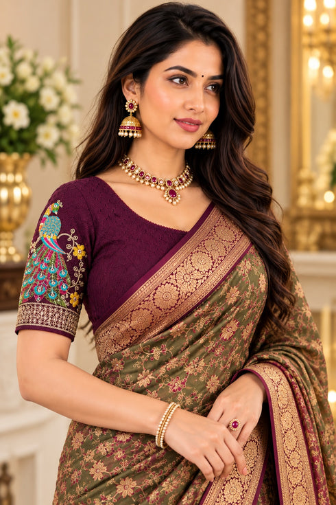 Wine Lycra Readymade Embroidered Blouse For Women