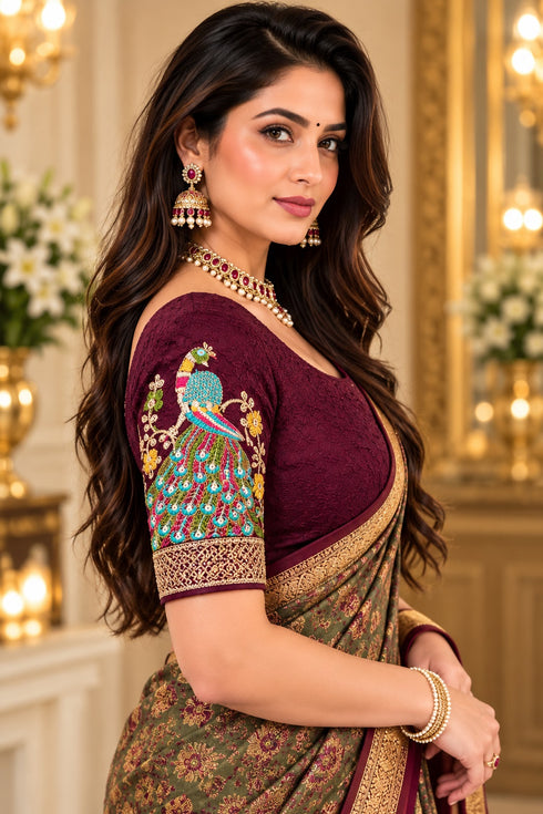 Wine Lycra Readymade Embroidered Blouse For Women