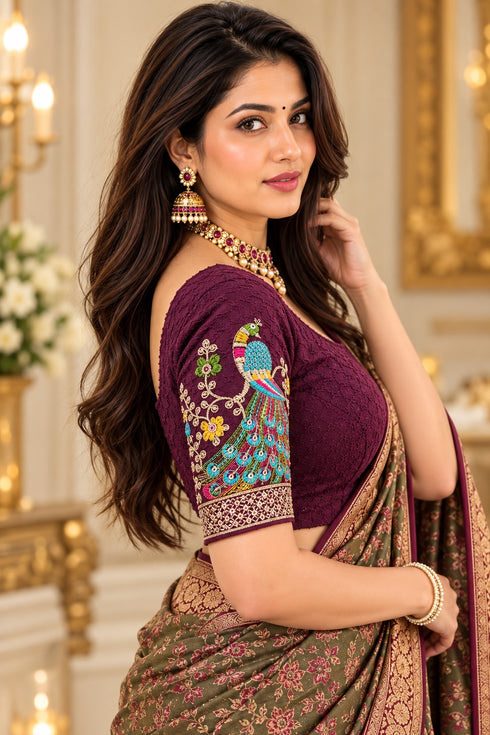 Wine Lycra Readymade Embroidered Blouse For Women