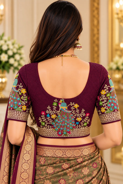 Wine Lycra Readymade Embroidered Blouse For Women