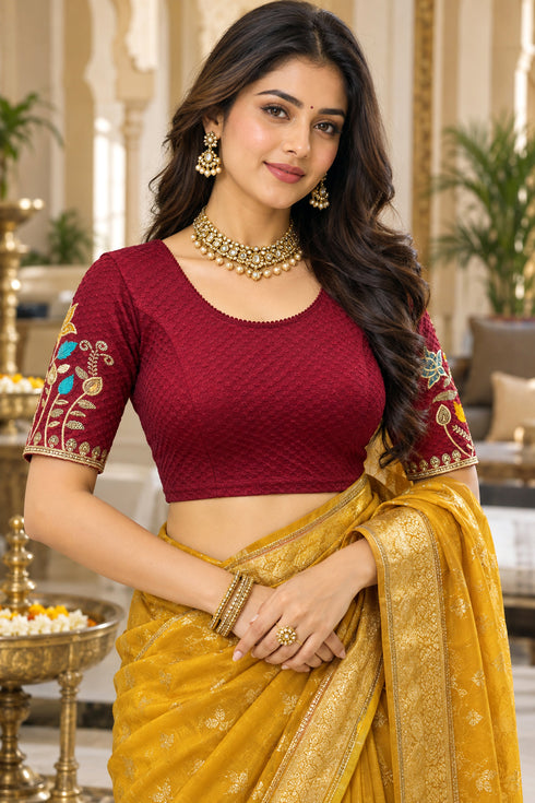 Maroon Lycra Readymade Embroidered Blouse For Women