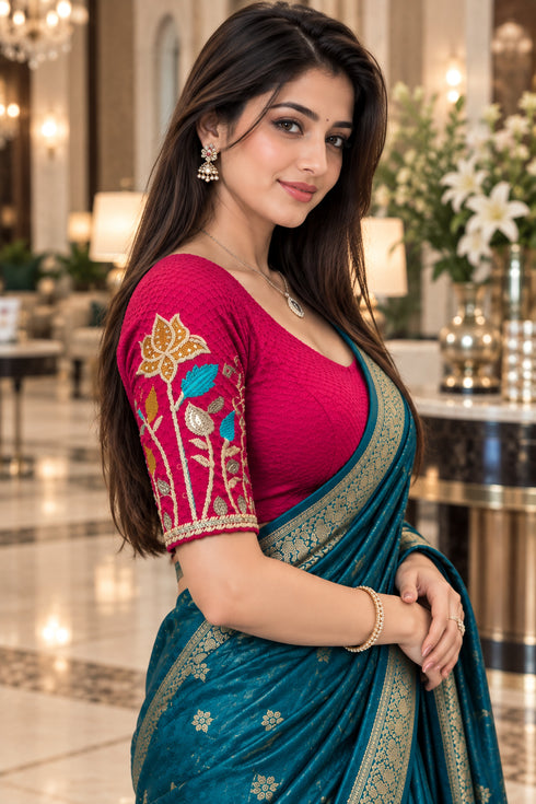 Pink Lycra Readymade Embroidered Blouse For Women