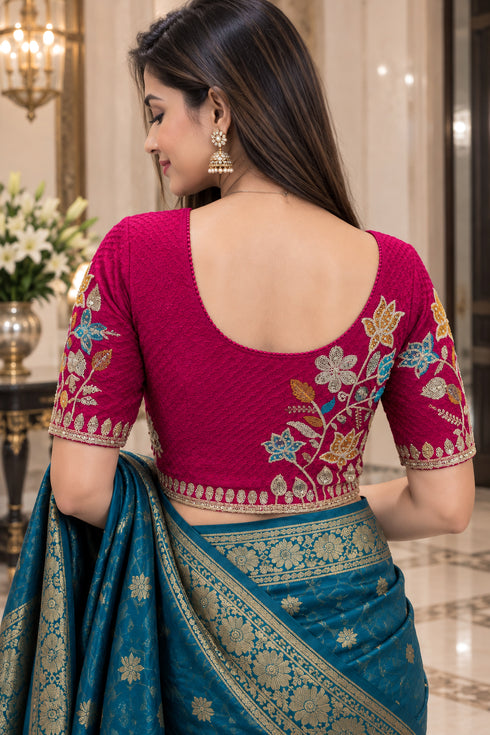 Pink Lycra Readymade Embroidered Blouse For Women