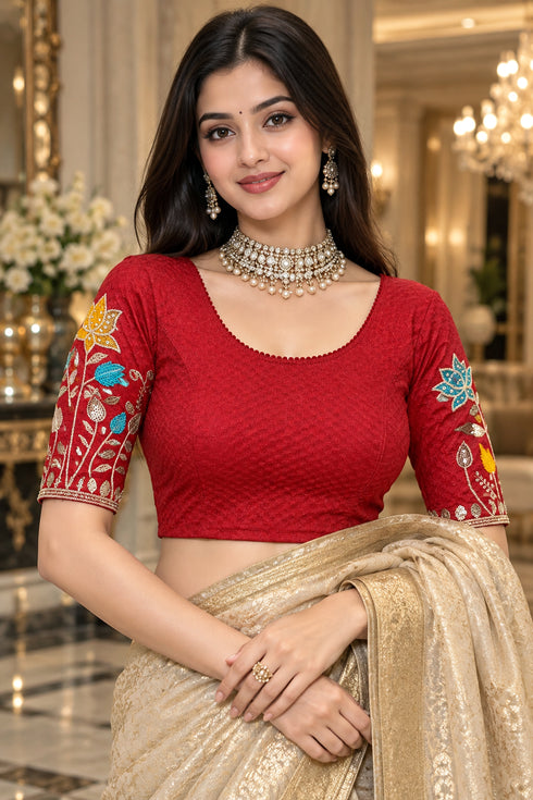 Red Lycra Readymade Embroidered Blouse For Women