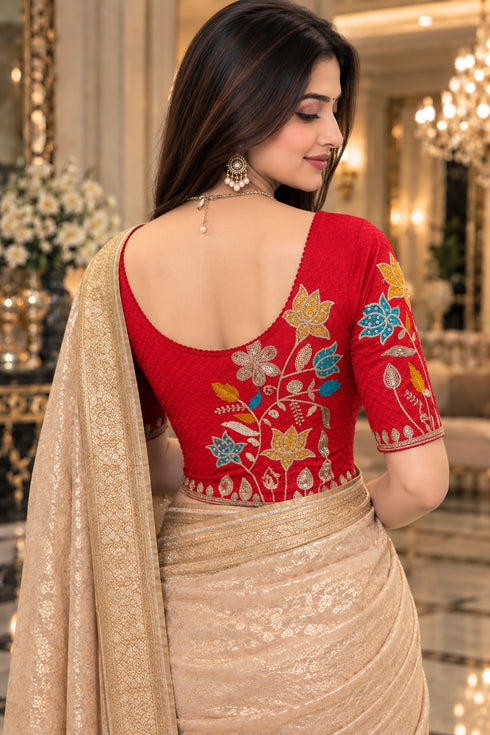 Red Lycra Readymade Embroidered Blouse For Women