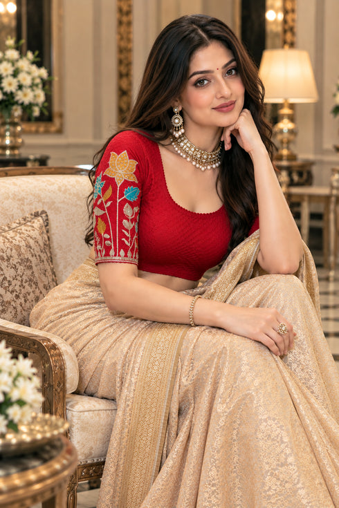 Red Lycra Readymade Embroidered Blouse For Women