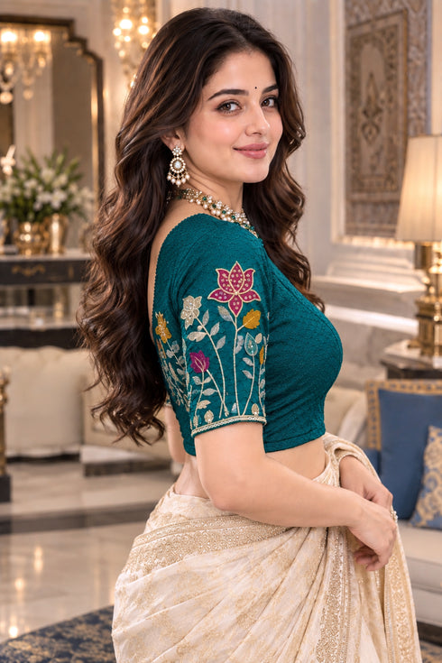 Teal Lycra Readymade Embroidered Blouse For Women