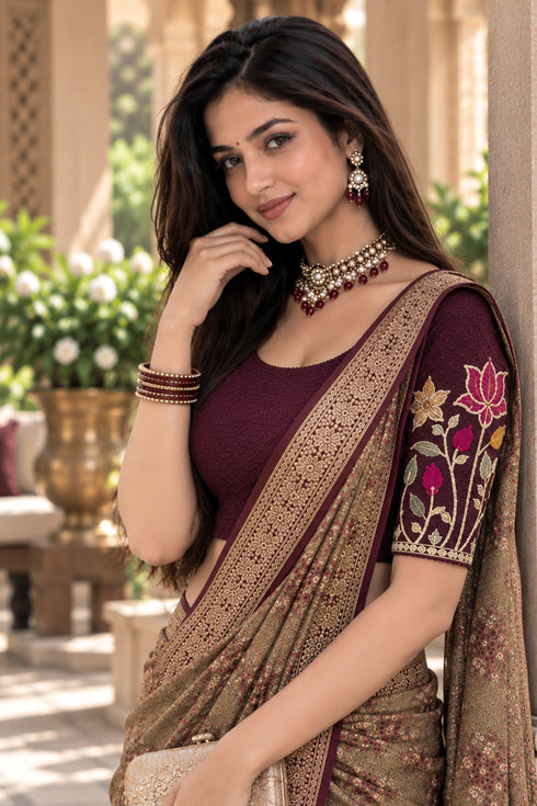 Wine Lycra Readymade Embroidered Blouse For Women