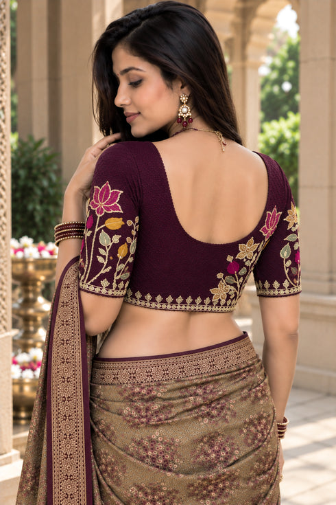 Wine Lycra Readymade Embroidered Blouse For Women
