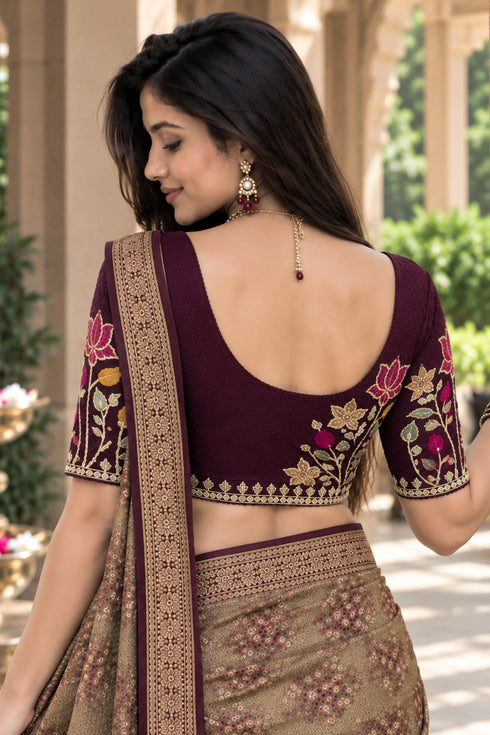 Wine Lycra Readymade Embroidered Blouse For Women
