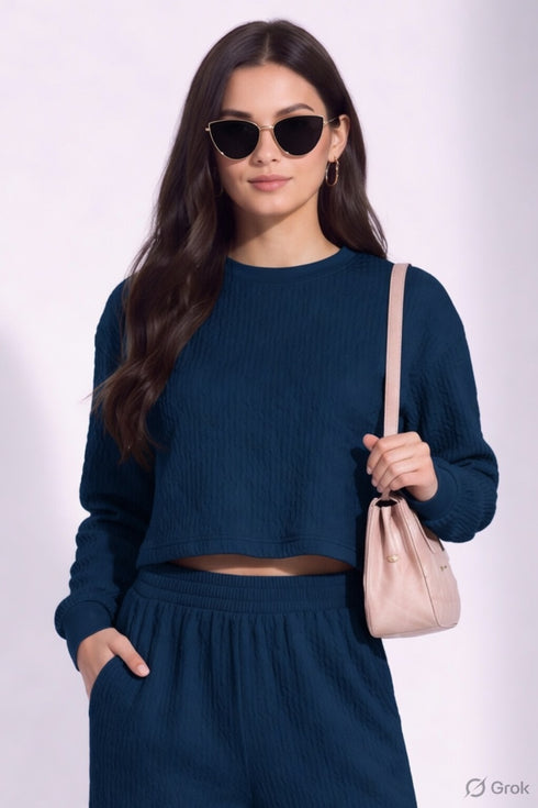 Teal Blue Lycra Solid Oversized Strachable Coords Set