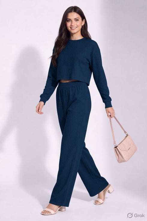 Teal Blue Lycra Solid Oversized Strachable Coords Set