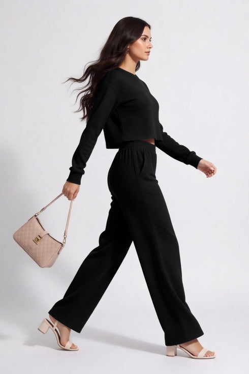 Black Lycra Solid Oversized Strachable Coords Set