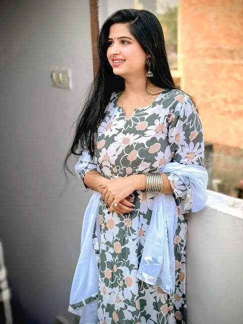 Women Olive Green & White Cotton Blend  Floral Printed Kurta & Pant With Dupatta