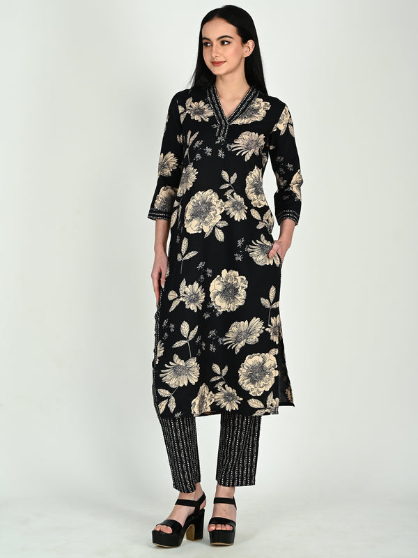 Black Cotton Blend  Floral Block Printed Kurta & Pant With Dupatta