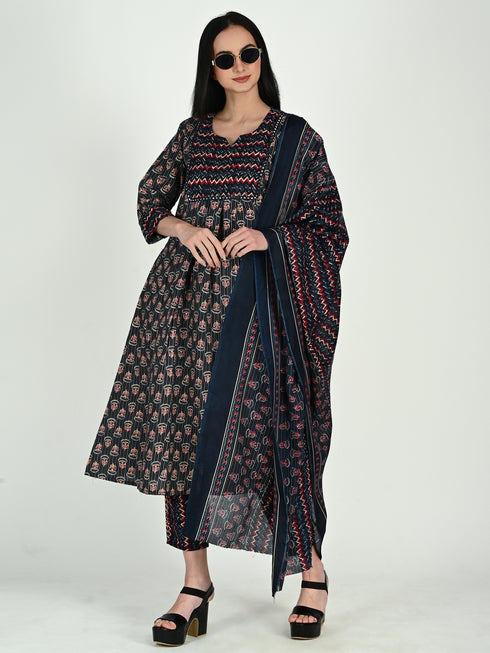 Navy Blue & Wine Cotton Blend Floral Block Printed Kurta & Pant With Dupatta