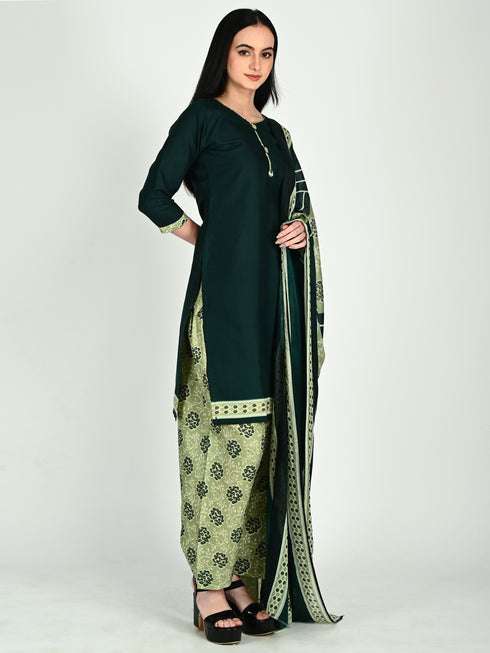 Green Cotton Blend Printed Ready to Wear Patiala Salwar Suit