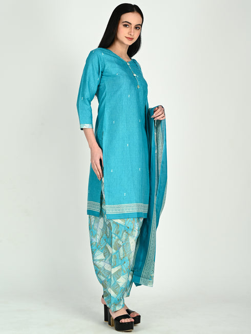 Turquoise Cotton Blend Printed Ready to Wear Patiala Salwar Suit
