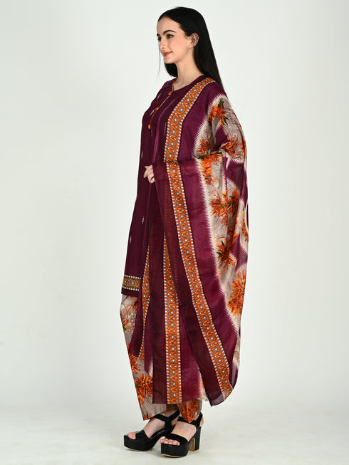 Wine Cotton Blend Printed Ready to Wear Patiala Salwar Suit