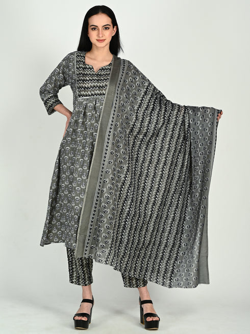 Grey & Black Cotton Blend Floral Block Printed Kurta & Pant With Dupatta