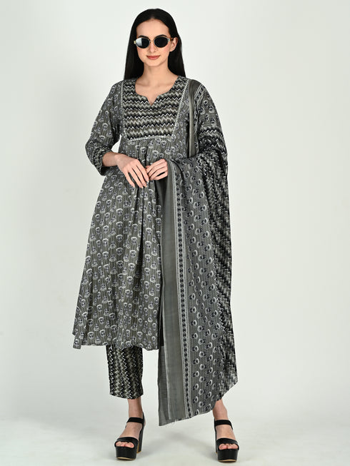 Grey & Black Cotton Blend Floral Block Printed Kurta & Pant With Dupatta