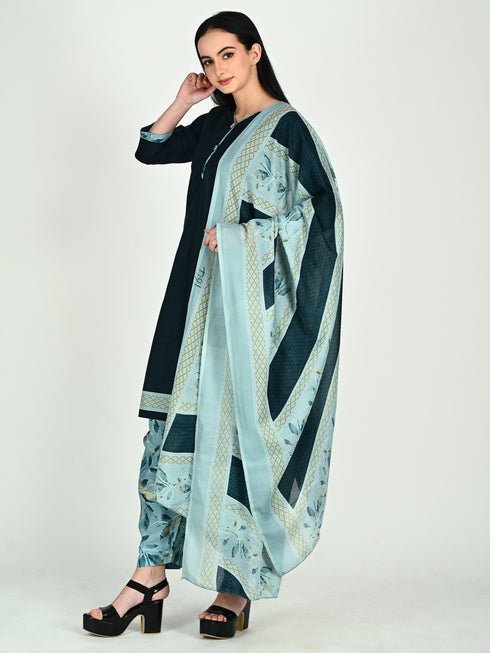 Teal Cotton Blend Printed Ready to Wear Patiala Salwar Suit