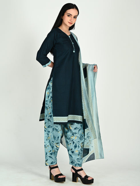 Teal Cotton Blend Printed Ready to Wear Patiala Salwar Suit
