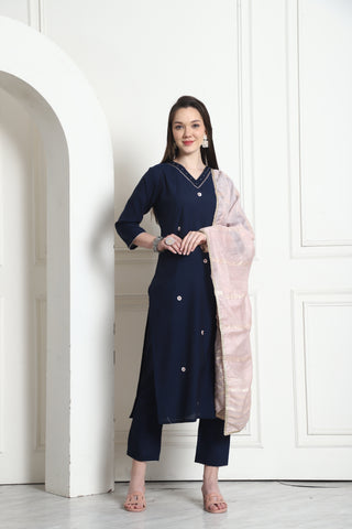 Navy Blue Poly Silk Embroidered Straight Kurta & Pant With Dupatta