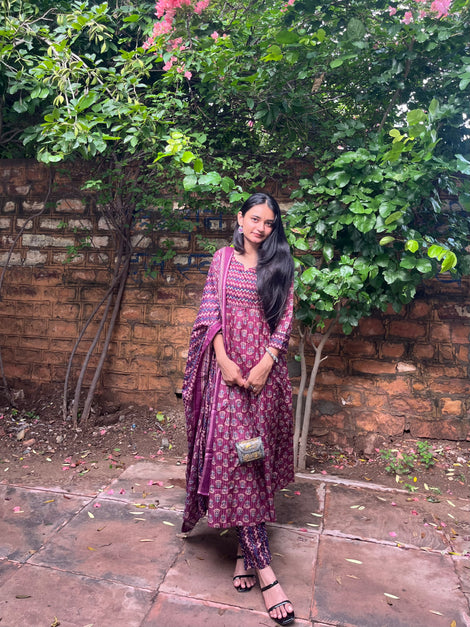 Women's Wine & Beige Cotton Blend Embroidered A-Line Kurta & Pant With Dupatta