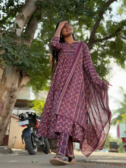 Women's Wine & Beige Cotton Blend Embroidered A-Line Kurta & Pant With Dupatta