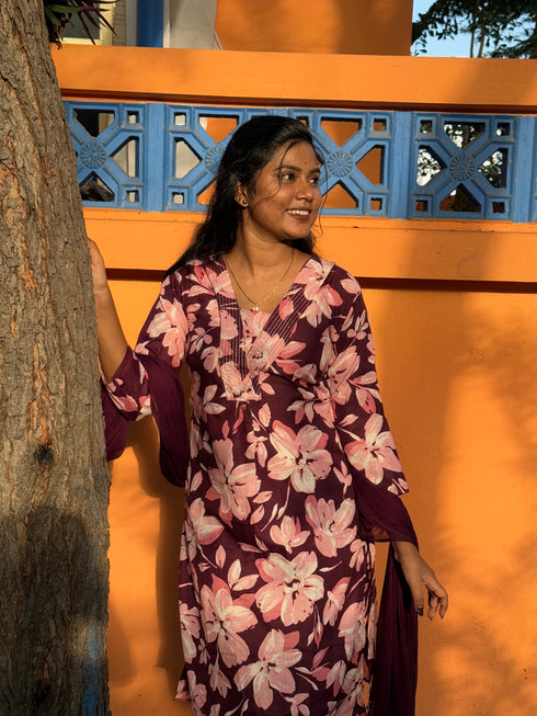 Maroon Mystique Floral Printed Kurta & Pant with Dupatta