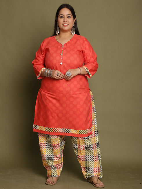Peach Cotton Blend Printed Plus Size Ready to Wear Patiala Salwar Suit